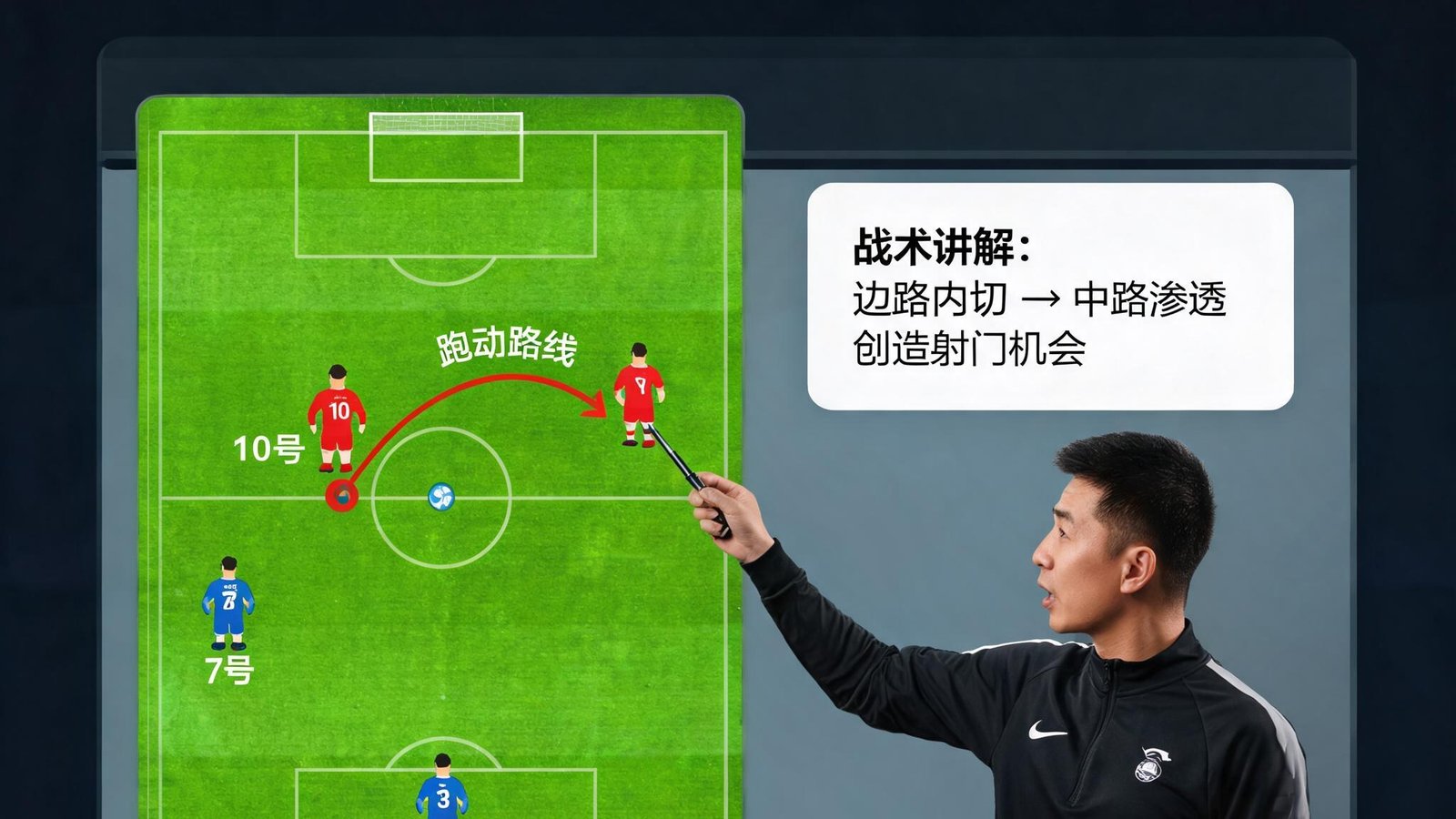 华体会体育平台战术分析模块，屏幕中显示足球场3D战术板，教练正在讲解球员跑动路线